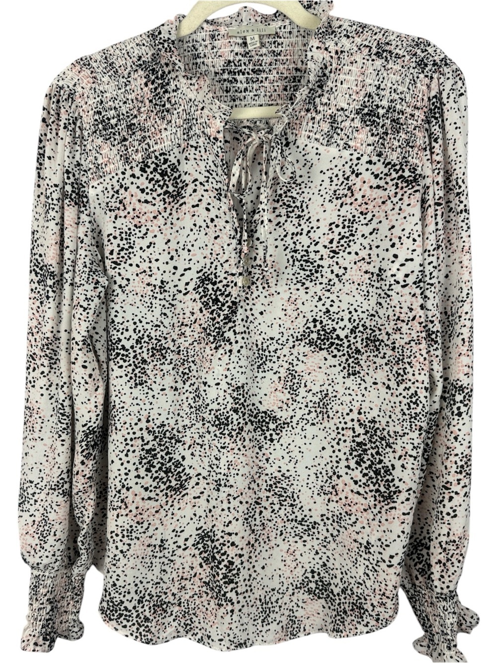 alex & lili Pink Black Abstract Dot Speckled Smocked Cuff Long Sleeve Top Size M